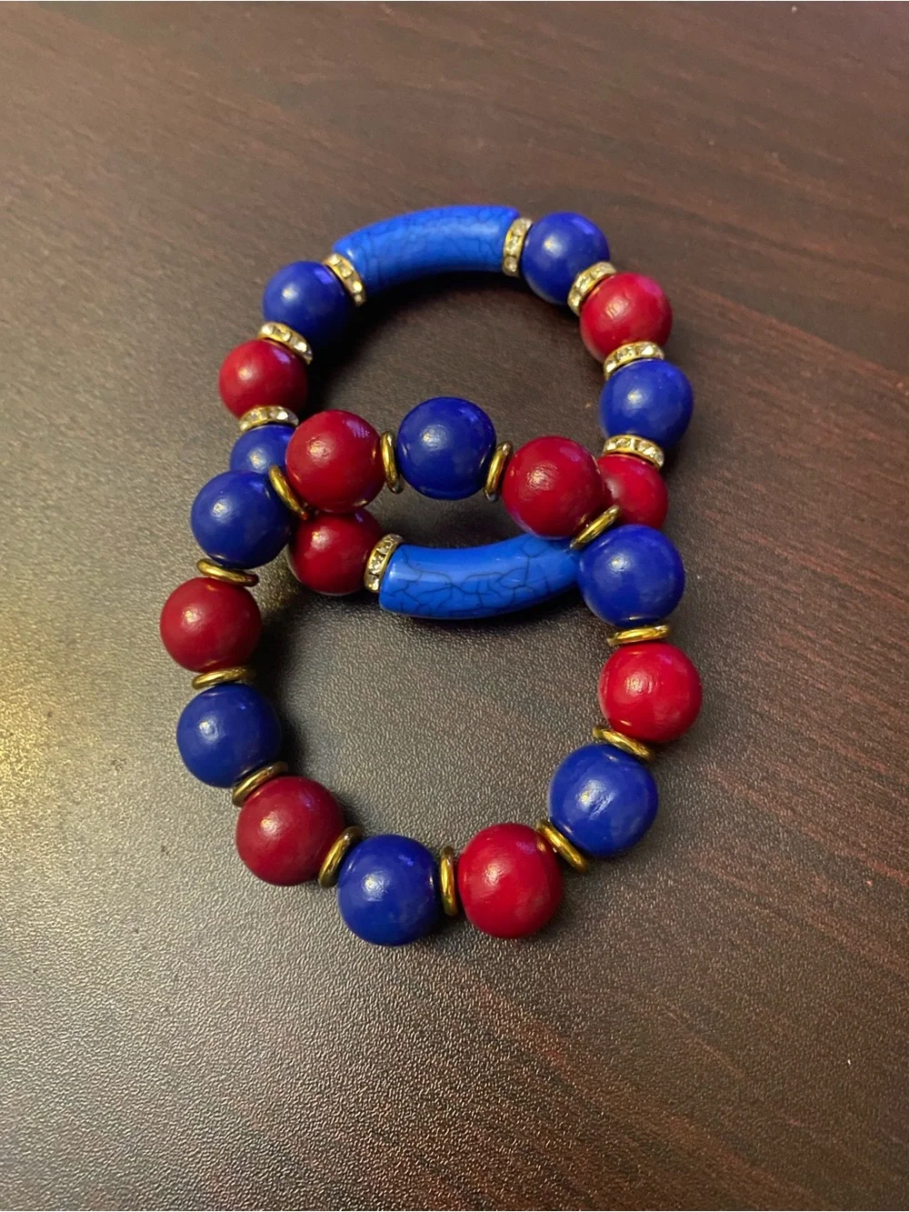 Red & Blue Beaded Stretch Bracelet Set with Gold Accents